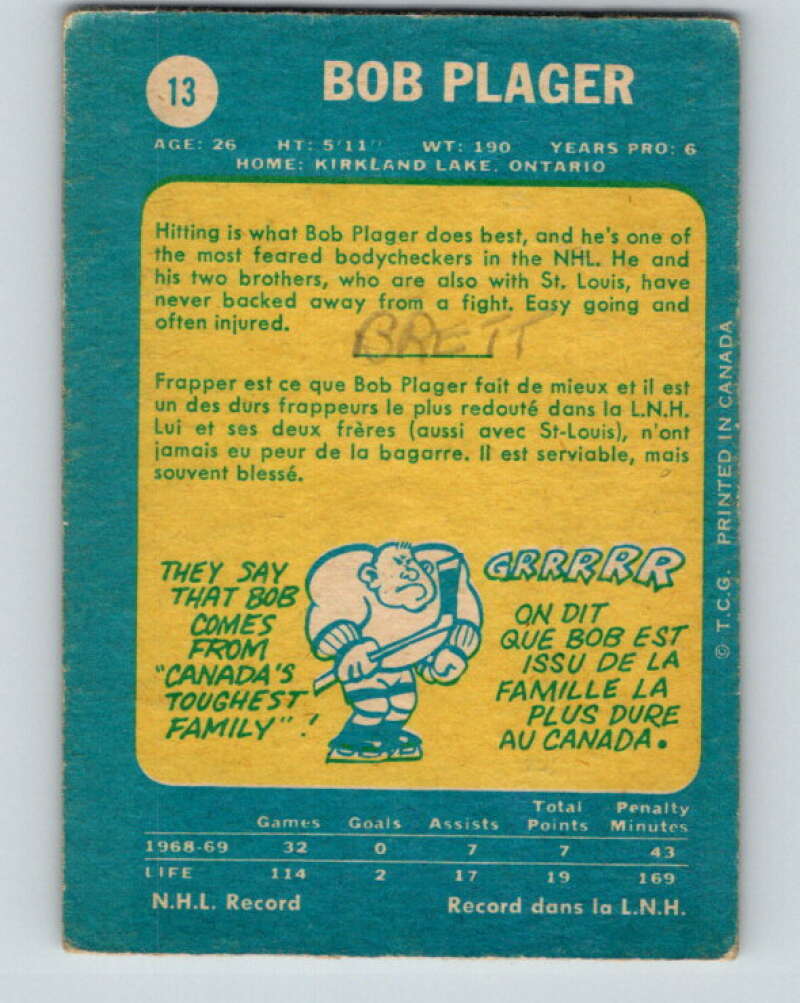 1969-70 O-Pee-Chee #13 Bob Plager St. Louis Blues V1210
