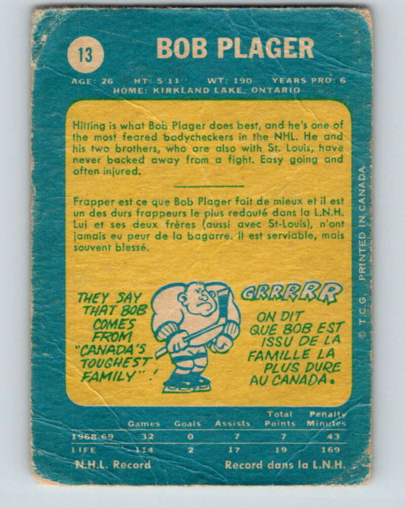 1969-70 O-Pee-Chee #13 Bob Plager  St. Louis Blues  V1213