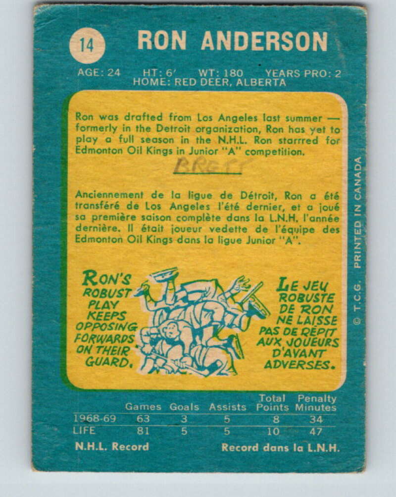 1969-70 O-Pee-Chee #14 Ron Anderson RC Rookie St. Louis Blues V1215