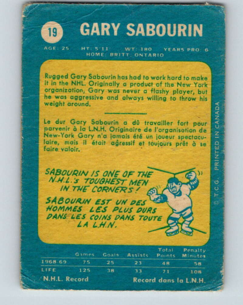 1969-70 O-Pee-Chee #19 Gary Sabourin  St. Louis Blues  V1231