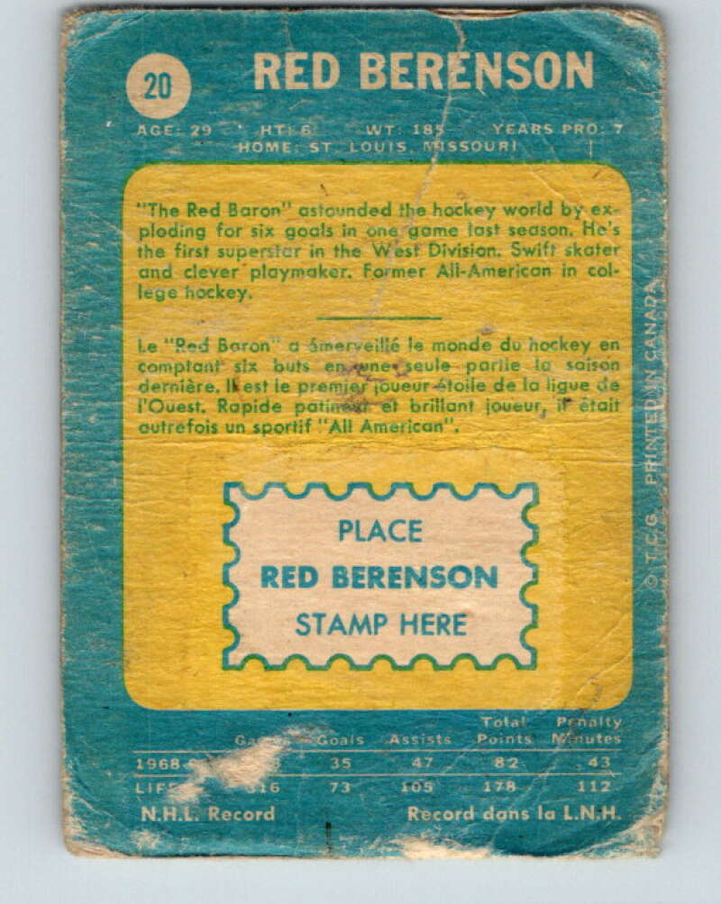 1969-70 O-Pee-Chee #20 Red Berenson St. Louis Blues V1236