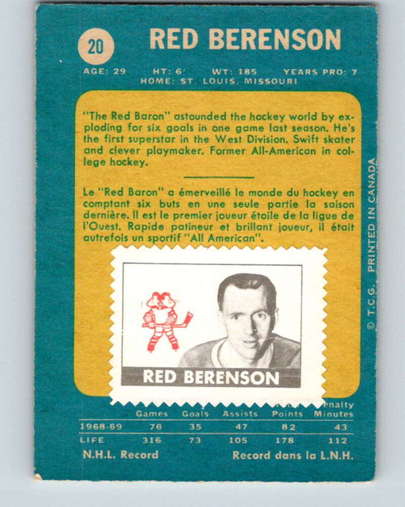 1969-70 O-Pee-Chee #20 Red Berenson St. Louis Blues V1237