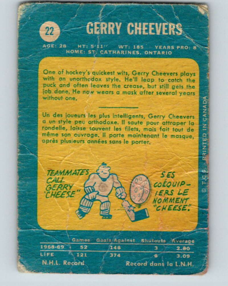1969-70 O-Pee-Chee #22 Gerry Cheevers Boston Bruins V1241