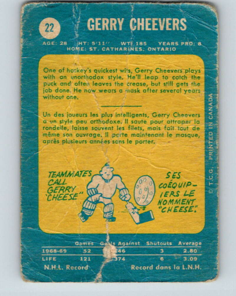1969-70 O-Pee-Chee #22 Gerry Cheevers  Boston Bruins  V1242