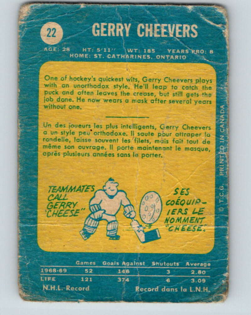 1969-70 O-Pee-Chee #22 Gerry Cheevers Boston Bruins V1243