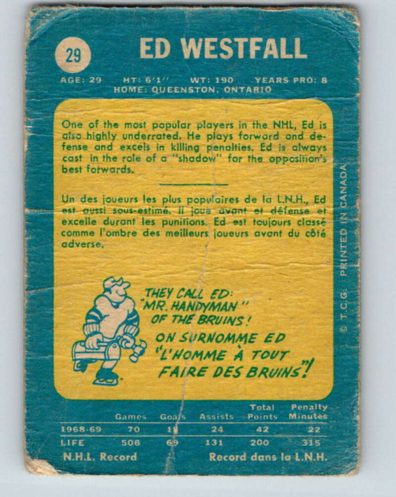 1969-70 O-Pee-Chee #29 Ed Westfall Boston Bruins V1258