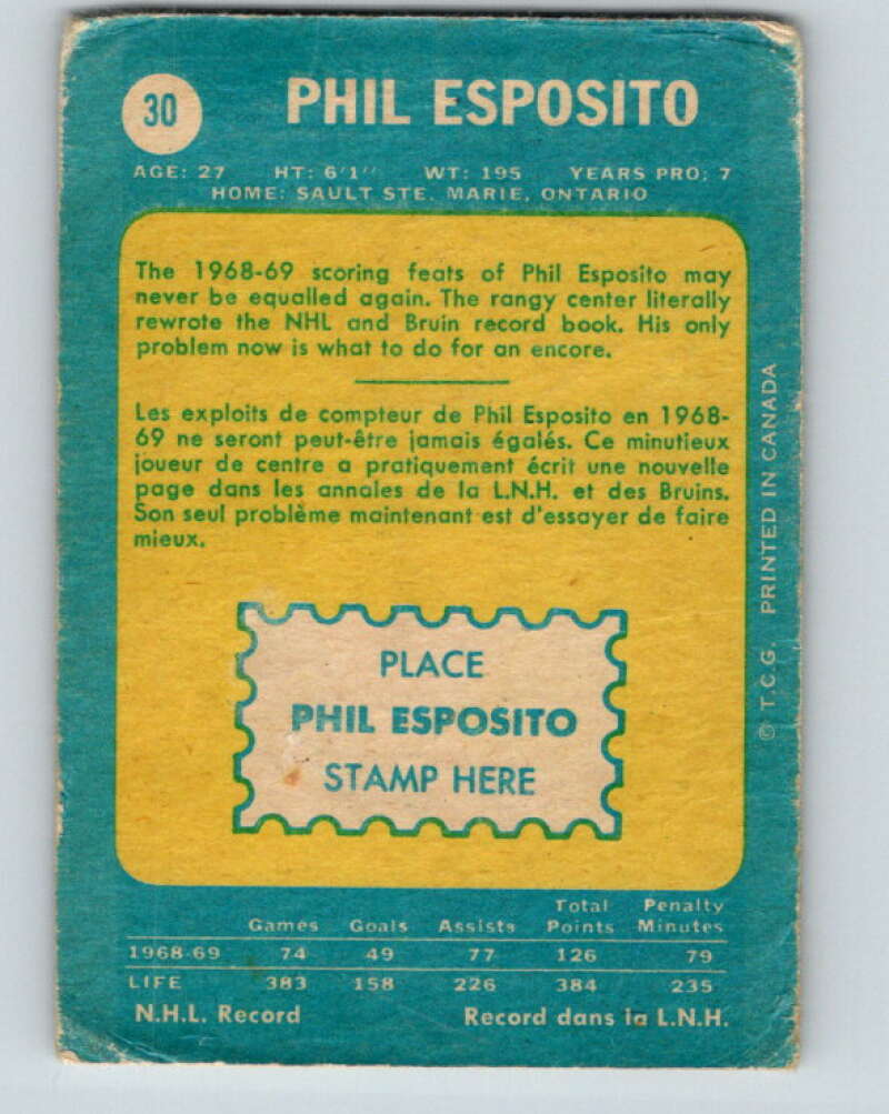 1969-70 O-Pee-Chee #30 Phil Esposito Boston Bruins V1259