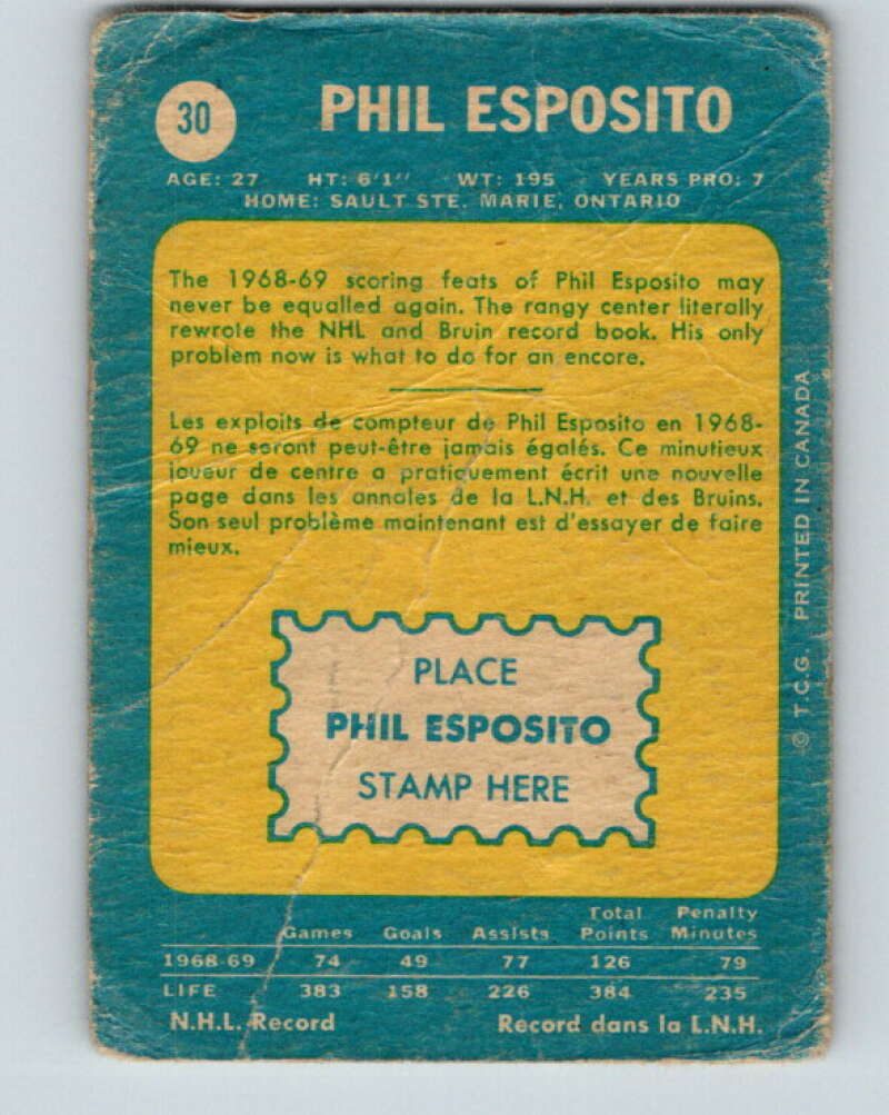 1969-70 O-Pee-Chee #30 Phil Esposito Boston Bruins V1260