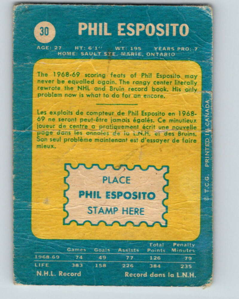 1969-70 O-Pee-Chee #30 Phil Esposito Boston Bruins V1261