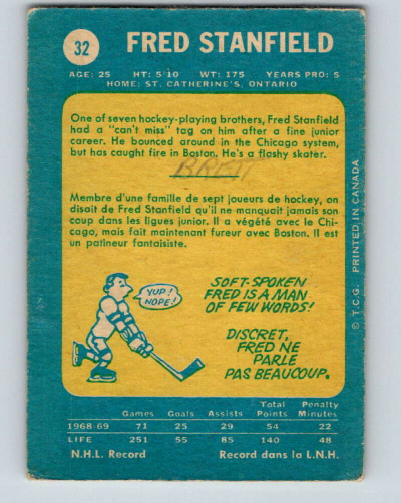 1969-70 O-Pee-Chee #32 Fred Stanfield Boston Bruins V1262