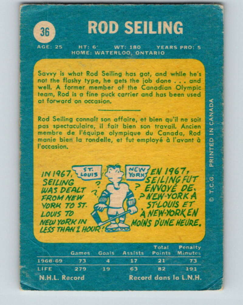 1969-70 O-Pee-Chee #36 Rod Seiling New York Rangers V1269