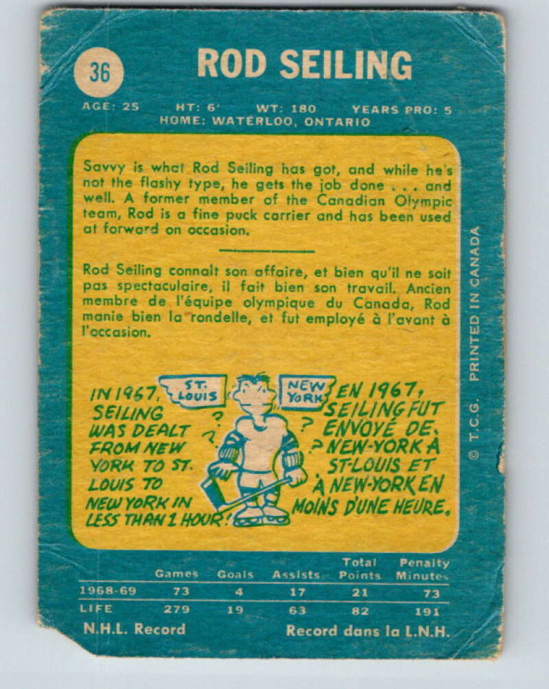 1969-70 O-Pee-Chee #36 Rod Seiling New York Rangers V1270