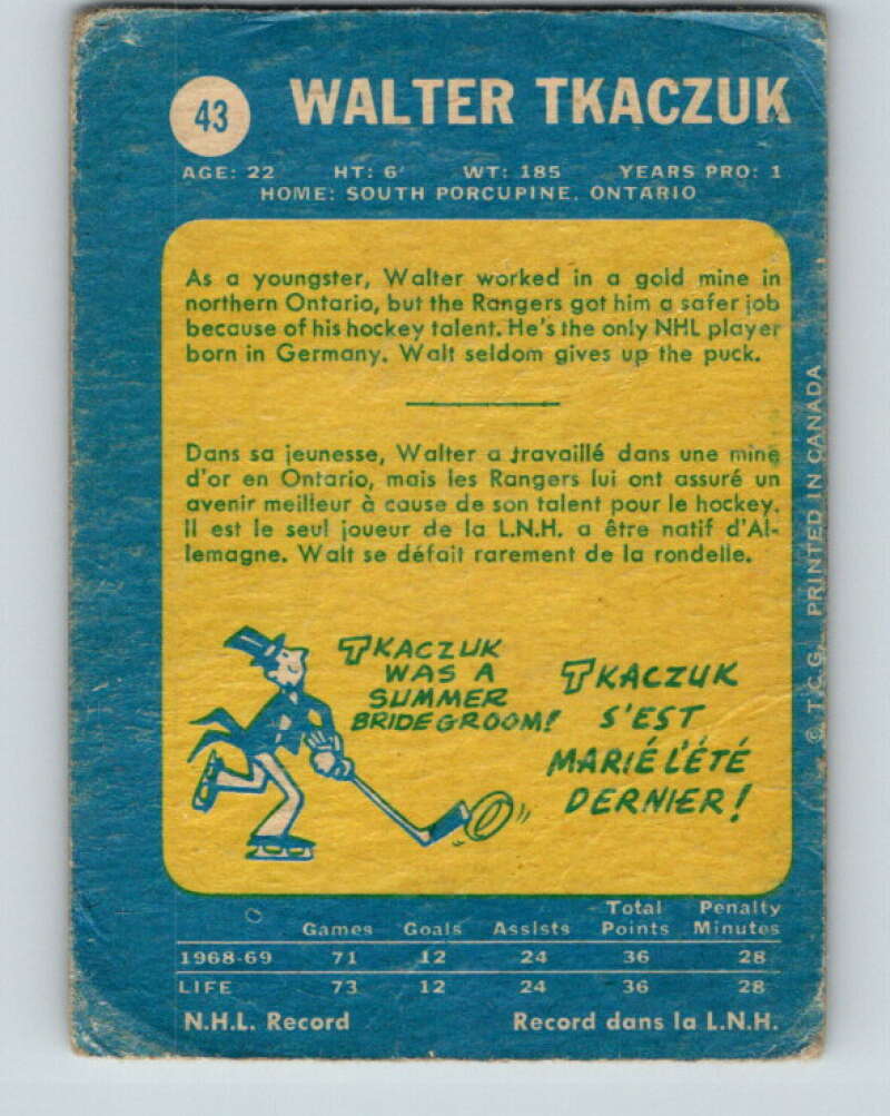 1969-70 O-Pee-Chee #43 Walt Tkaczuk RC Rookie New York Rangers V1286