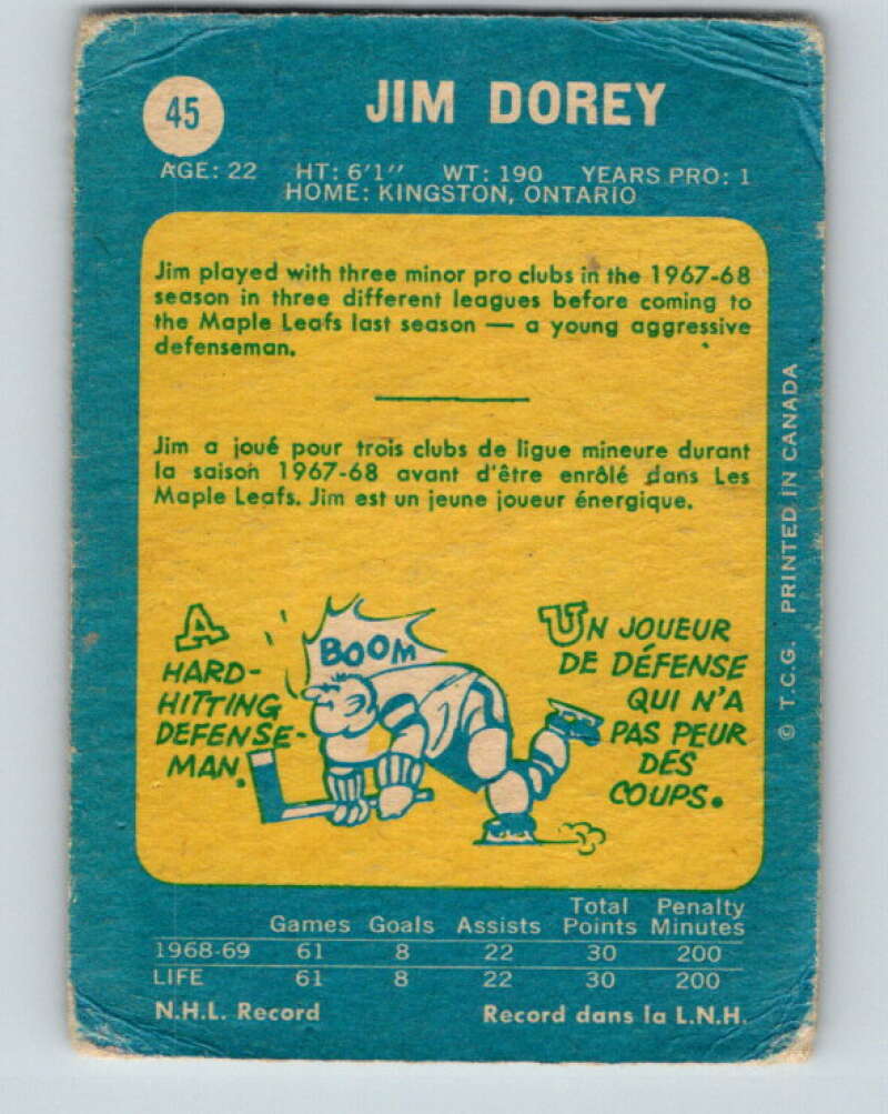1969-70 O-Pee-Chee #45 Jim Dorey RC Rookie Toronto Maple Leafs V1287