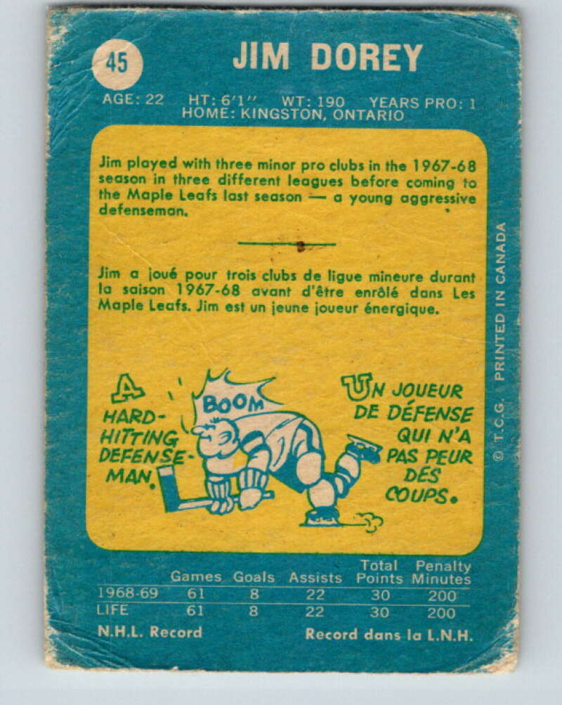 1969-70 O-Pee-Chee #45 Jim Dorey RC Rookie Toronto Maple Leafs V1288