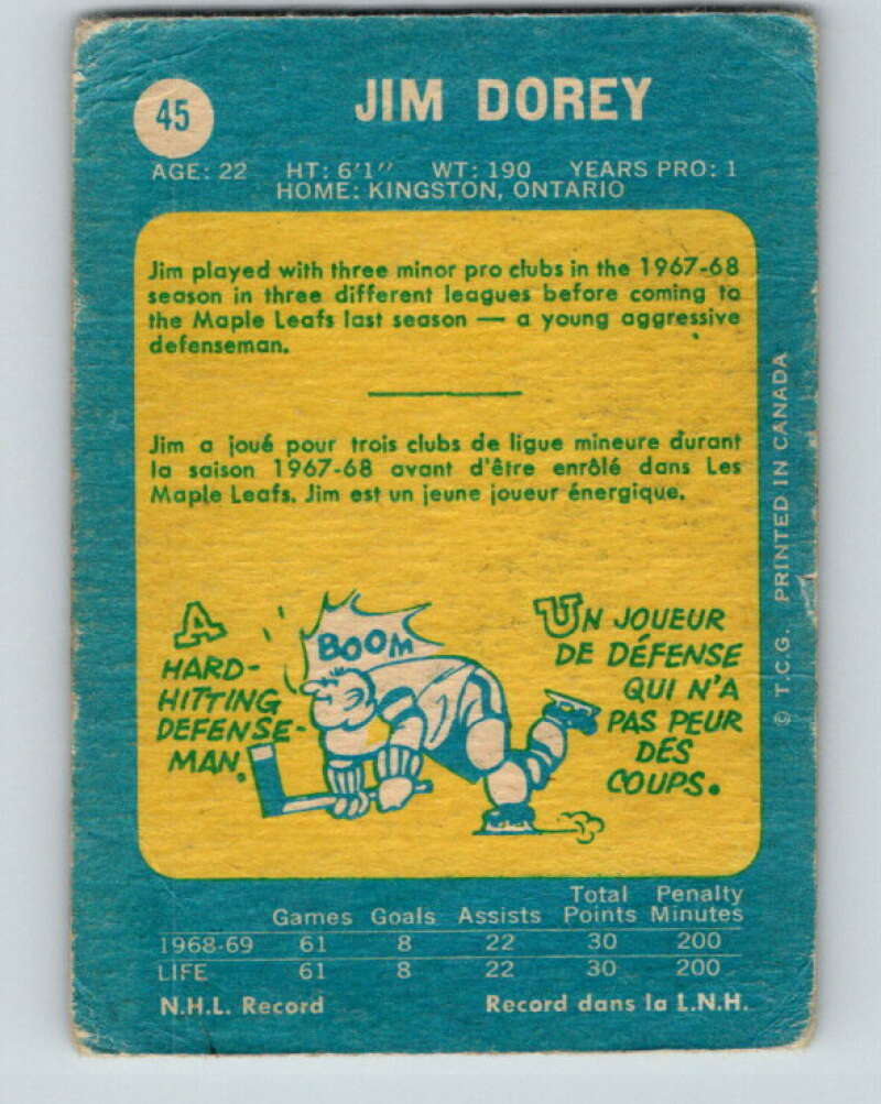 1969-70 O-Pee-Chee #45 Jim Dorey RC Rookie Toronto Maple Leafs V1289