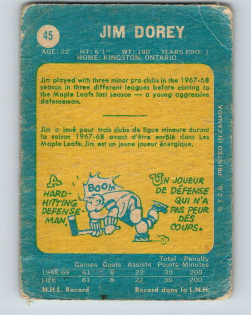 1969-70 O-Pee-Chee #45 Jim Dorey RC Rookie Toronto Maple Leafs V1290