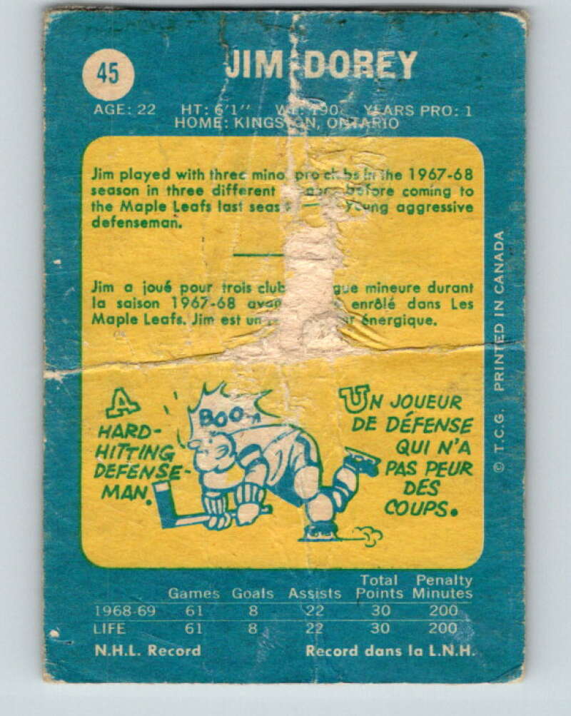 1969-70 O-Pee-Chee #45 Jim Dorey RC Rookie Toronto Maple Leafs V1291