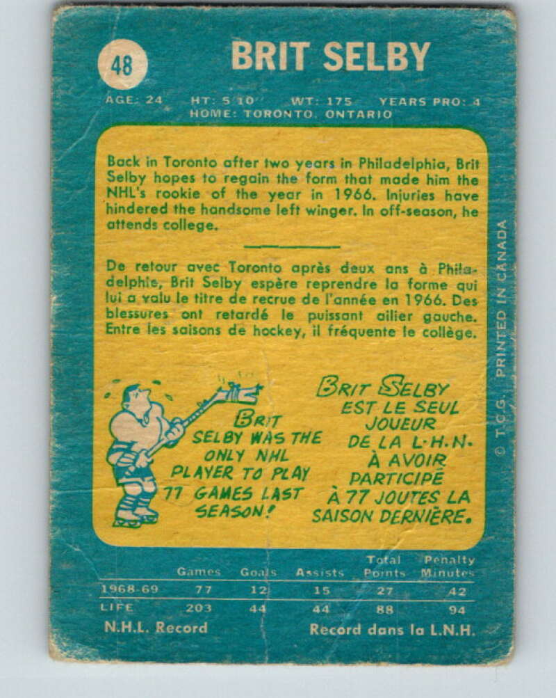 1969-70 O-Pee-Chee #48 Brit Selby Toronto Maple Leafs V1298