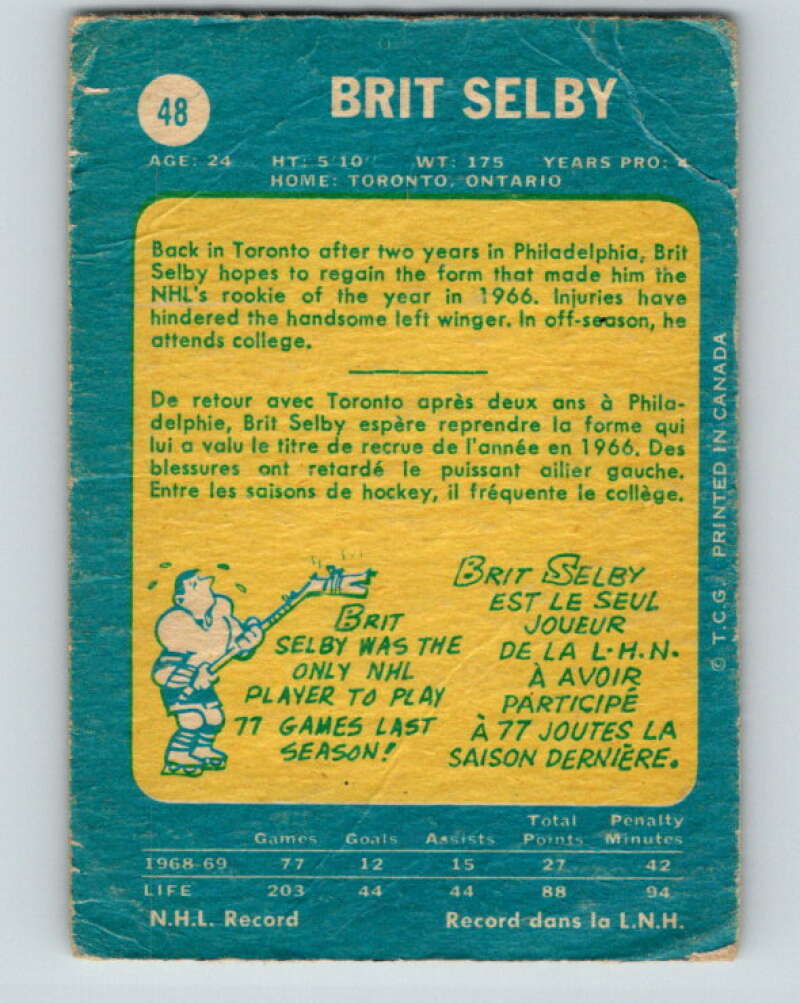 1969-70 O-Pee-Chee #48 Brit Selby Toronto Maple Leafs V1299