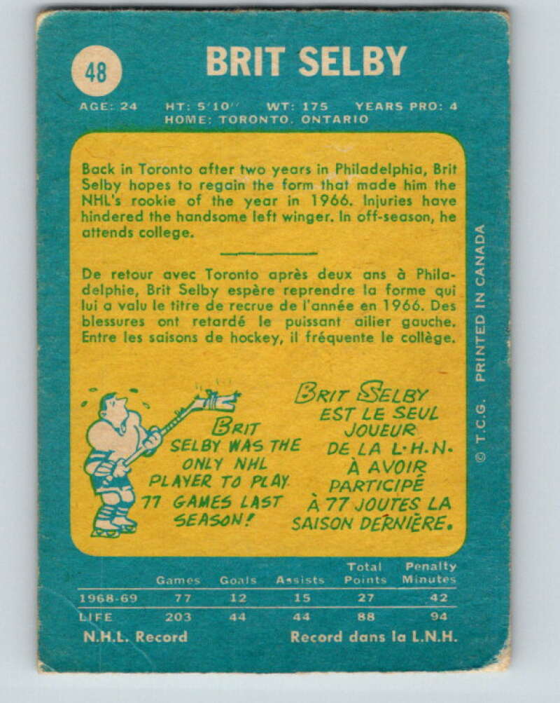 1969-70 O-Pee-Chee #48 Brit Selby Toronto Maple Leafs V1300