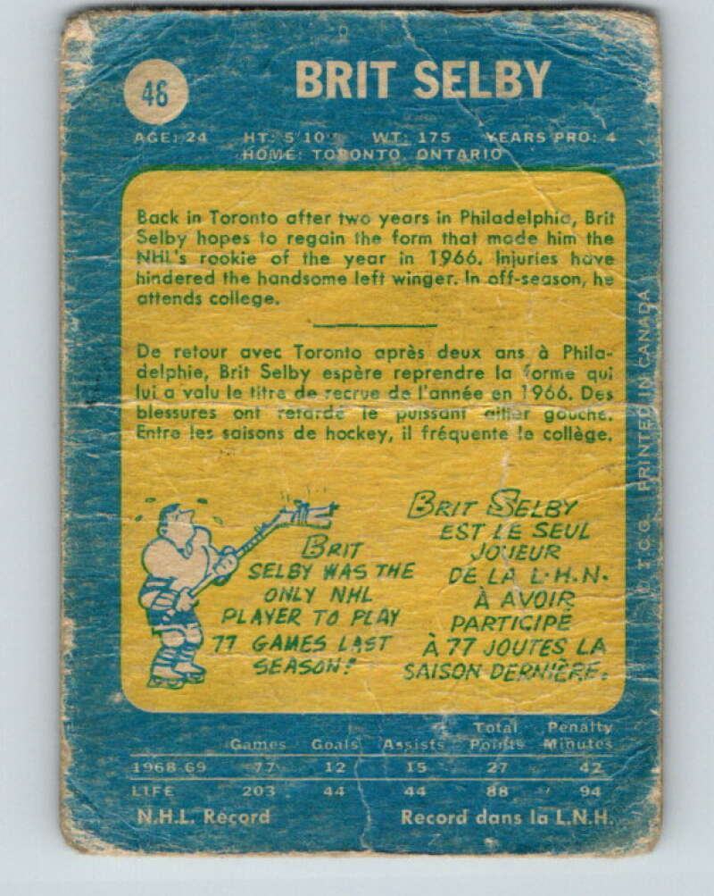 1969-70 O-Pee-Chee #48 Brit Selby Toronto Maple Leafs V1301