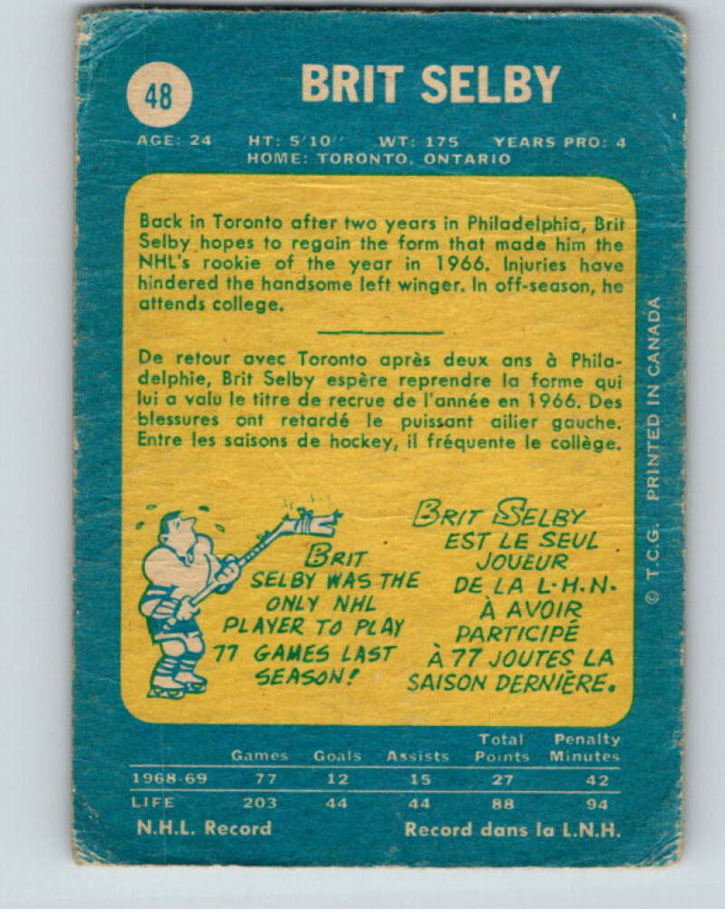 1969-70 O-Pee-Chee #48 Brit Selby Toronto Maple Leafs V1302