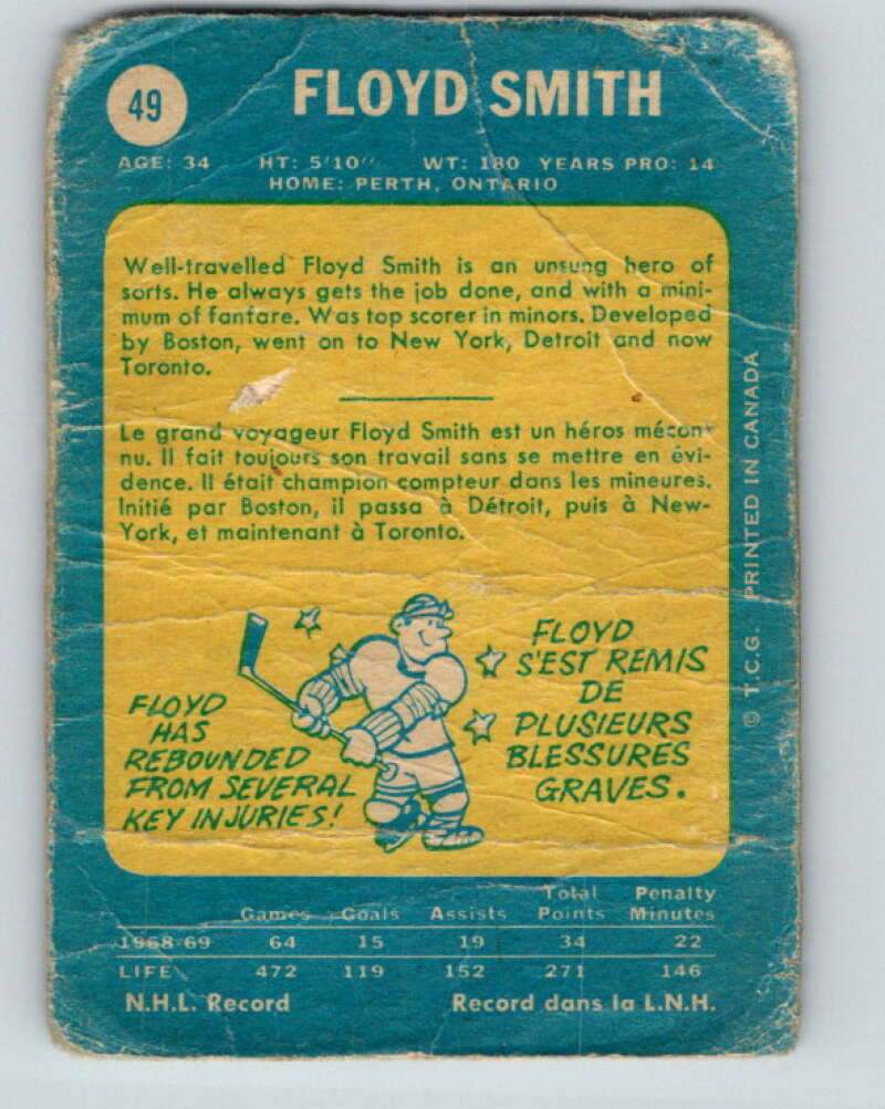 1969-70 O-Pee-Chee #49 Floyd Smith Toronto Maple Leafs V1303