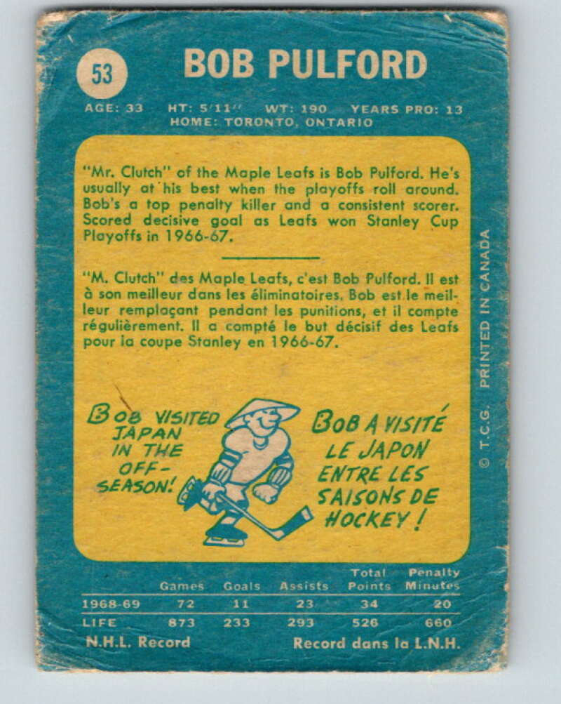 1969-70 O-Pee-Chee #53 Bob Pulford  Toronto Maple Leafs  V1315