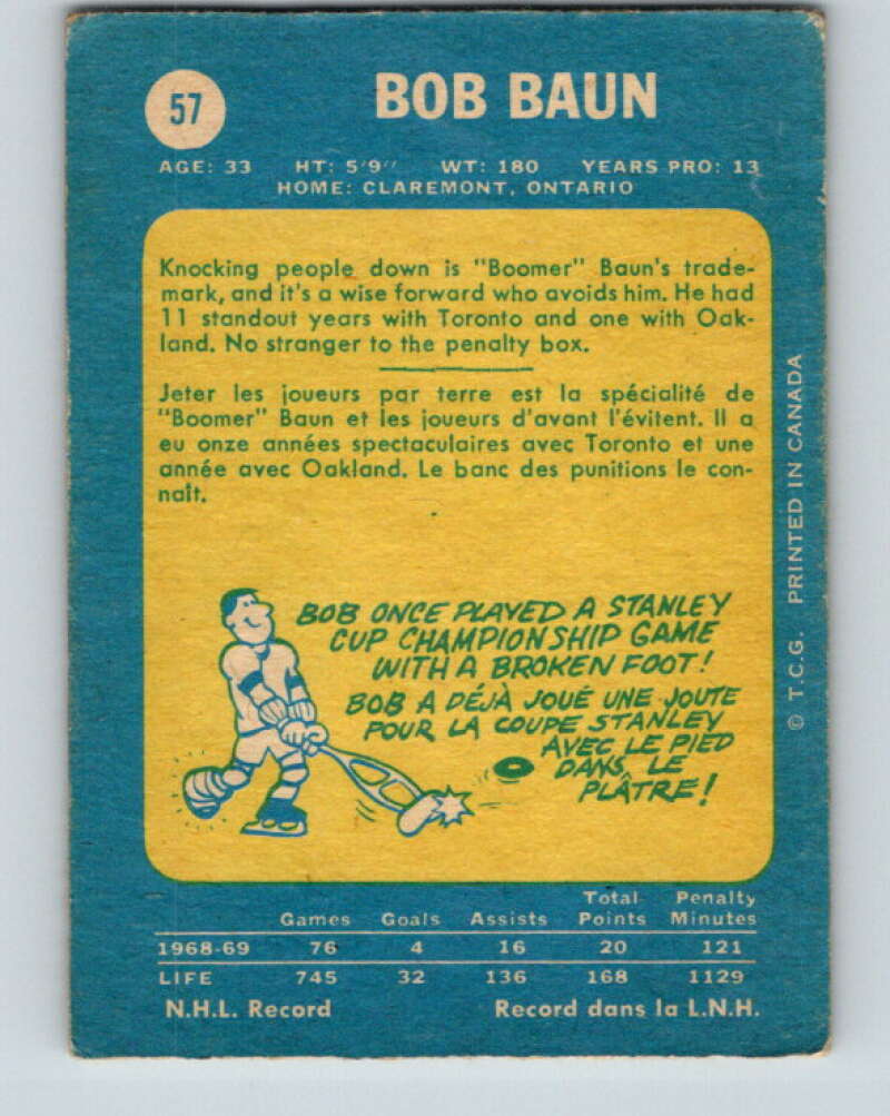 1969-70 O-Pee-Chee #57 Bob Baun Detroit Red Wings V1321