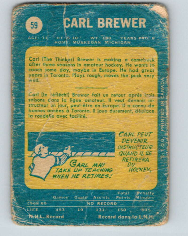 1969-70 O-Pee-Chee #59 Carl Brewer Detroit Red Wings V1324