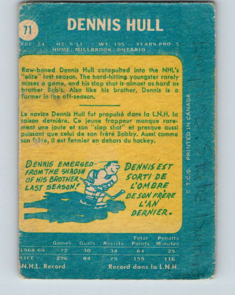 1969-70 O-Pee-Chee #71 Dennis Hull Chicago Blackhawks V1349