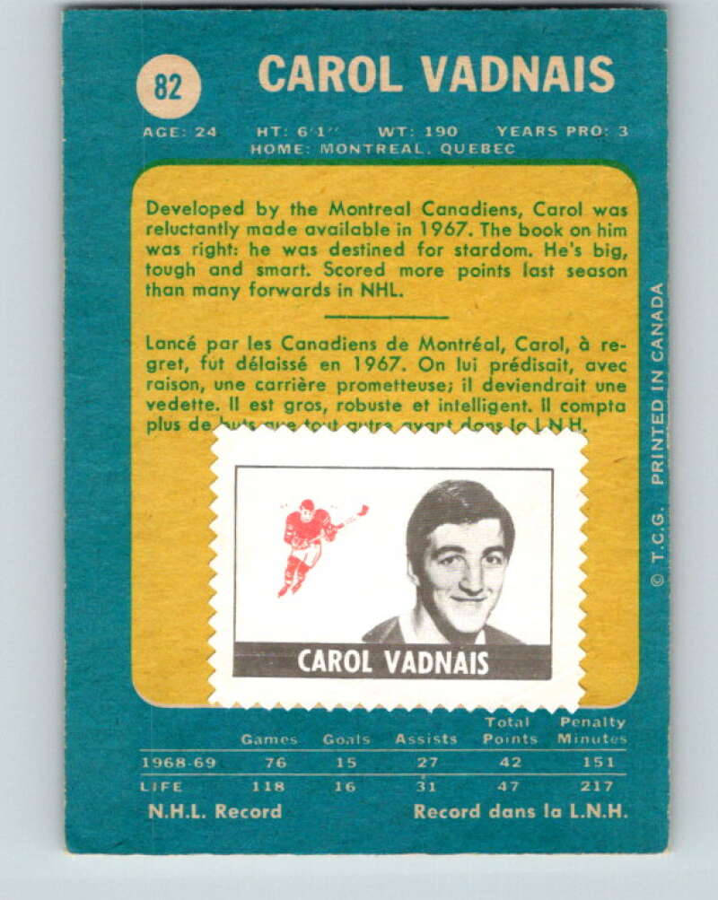 1969-70 O-Pee-Chee #82 Carol Vadnais Oakland Seals V1377