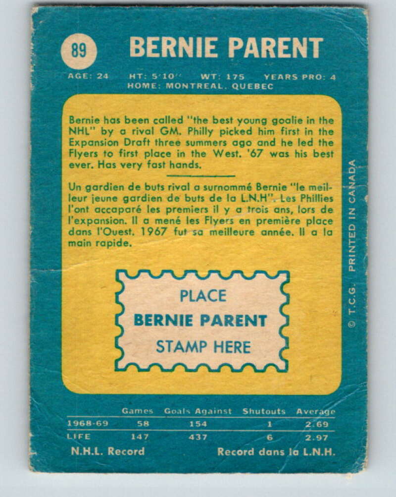 1969-70 O-Pee-Chee #89 Bernie Parent Philadelphia Flyers V1392
