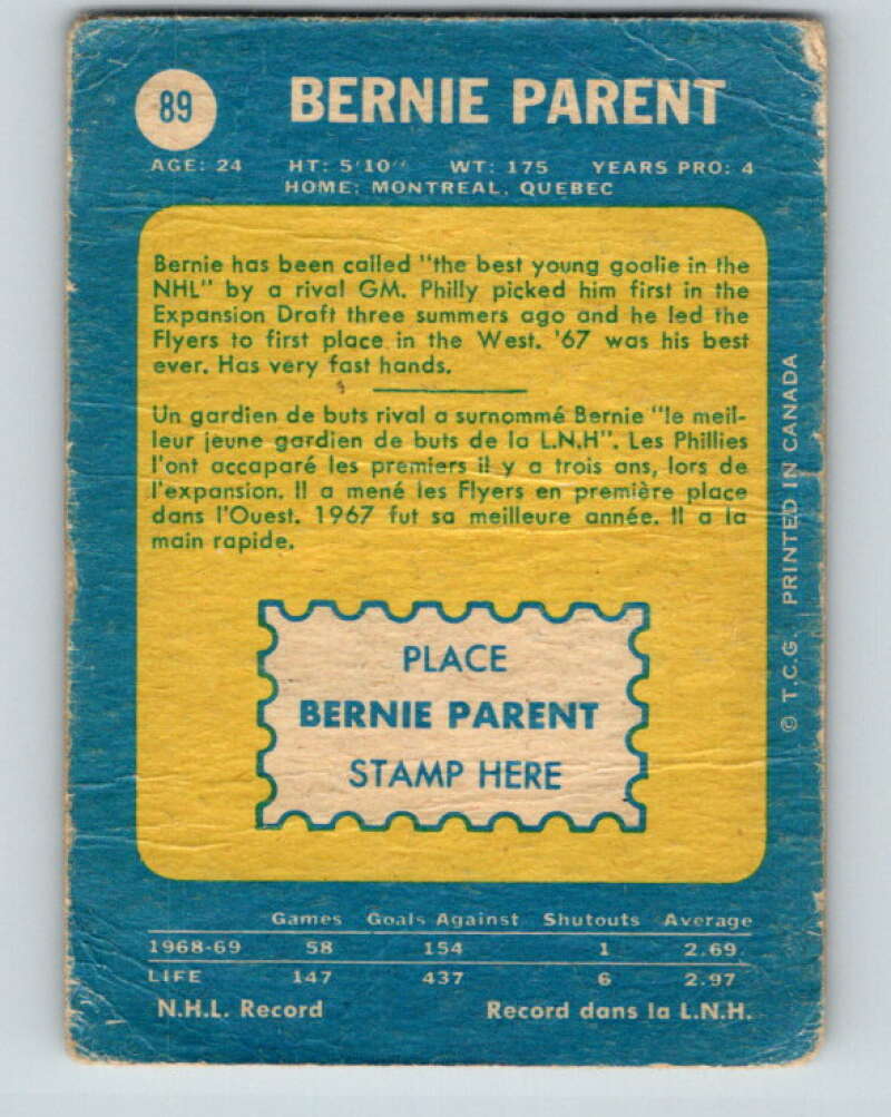 1969-70 O-Pee-Chee #89 Bernie Parent Philadelphia Flyers V1393
