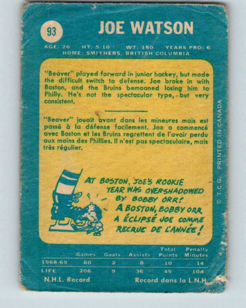 1969-70 O-Pee-Chee #93 Joe Watson Philadelphia Flyers V1406