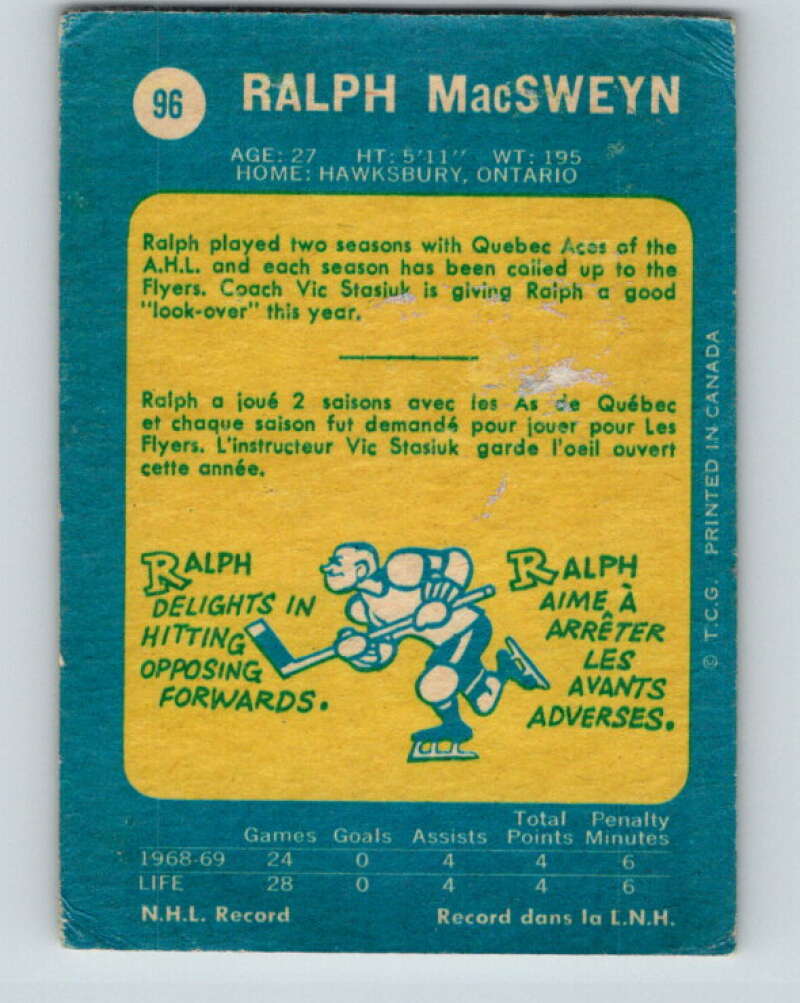 1969-70 O-Pee-Chee #96 Ralph MacSweyn RC Rookie Philadelphia Flyers V1410