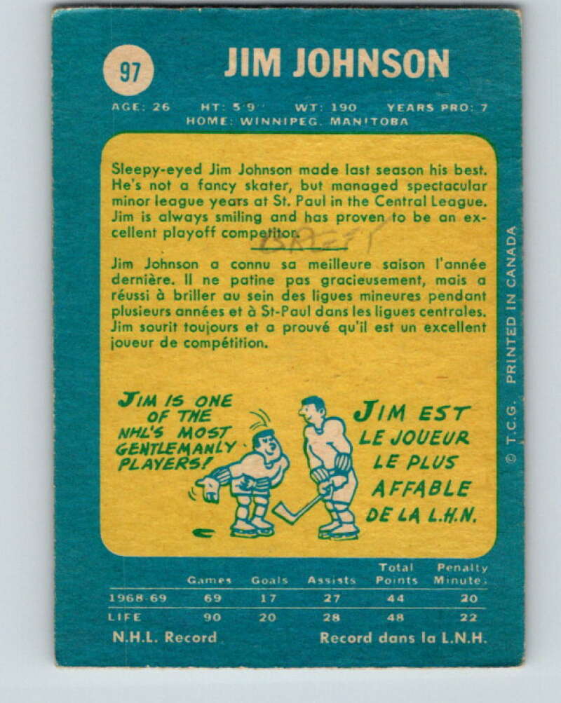 1969-70 O-Pee-Chee #97 Jim Johnson Philadelphia Flyers V1413