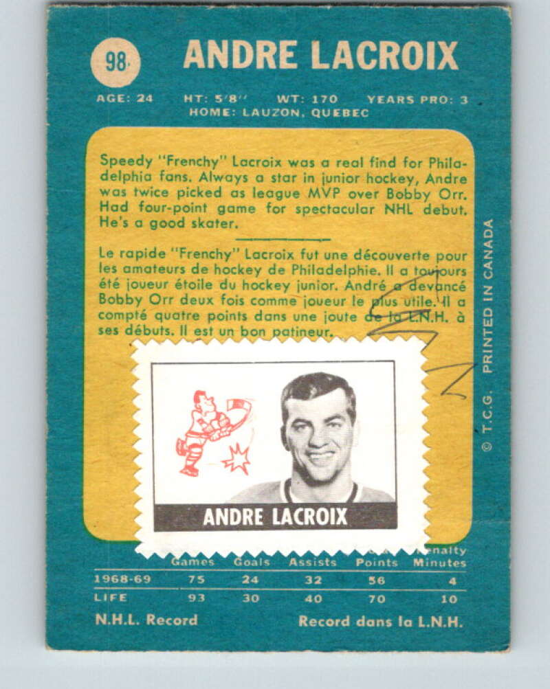 1969-70 O-Pee-Chee #98 Andre Lacroix Philadelphia Flyers V1414