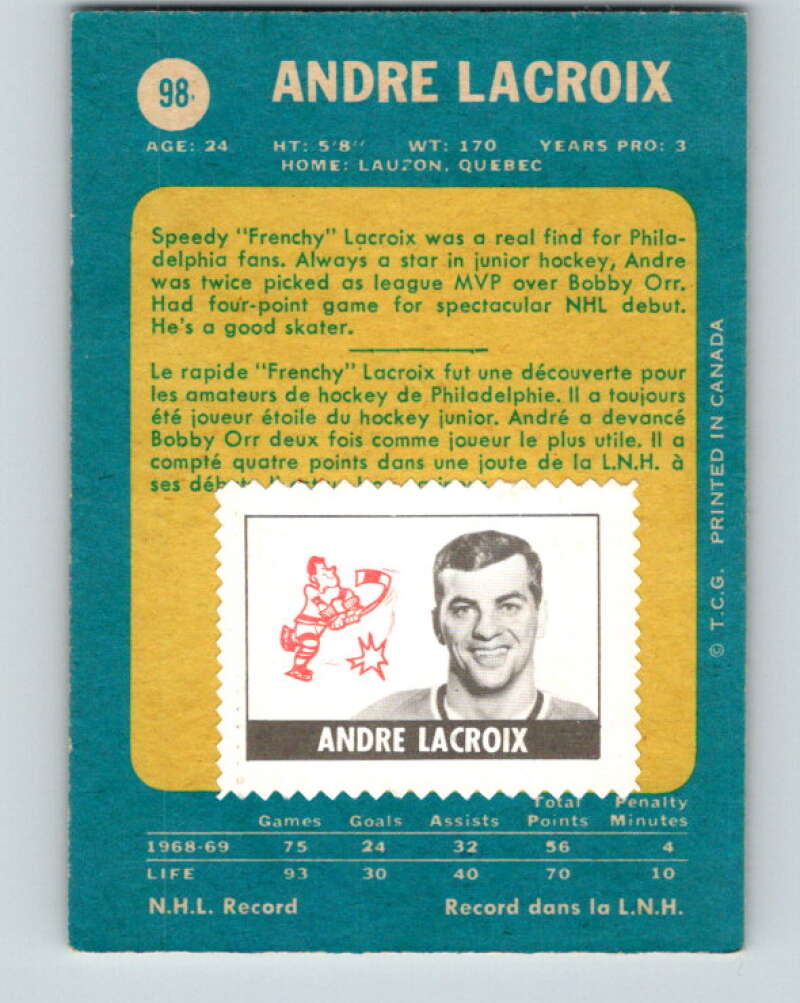 1969-70 O-Pee-Chee #98 Andre Lacroix Philadelphia Flyers V1415