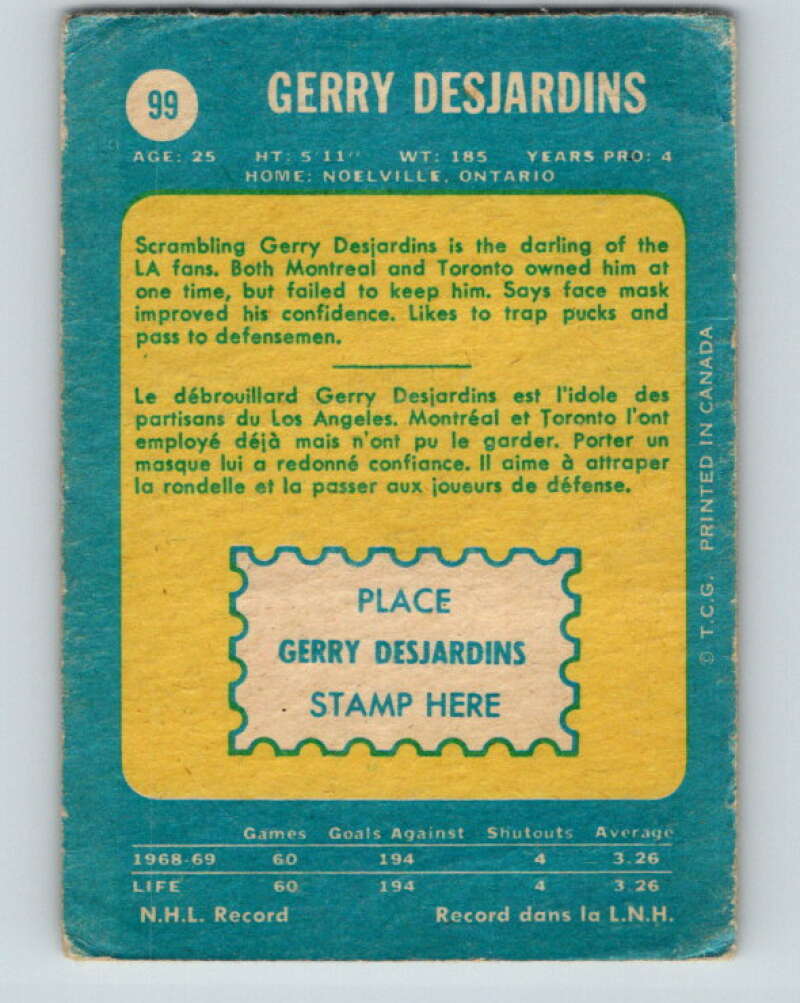 1969-70 O-Pee-Chee #99 Gerry Desjardins RC Rookie Los Angeles Kings V1416