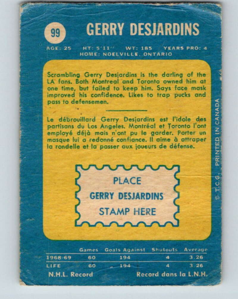 1969-70 O-Pee-Chee #99 Gerry Desjardins RC Rookie Los Angeles Kings V1417