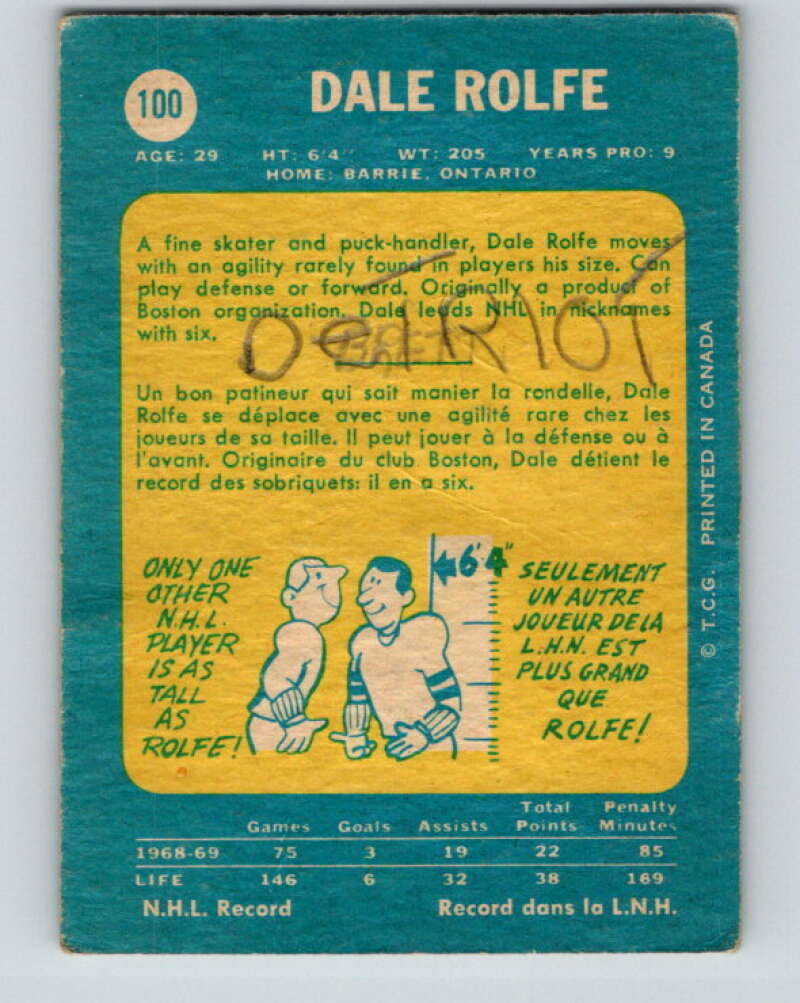 1969-70 O-Pee-Chee #100 Dale Rolfe Los Angeles Kings V1418