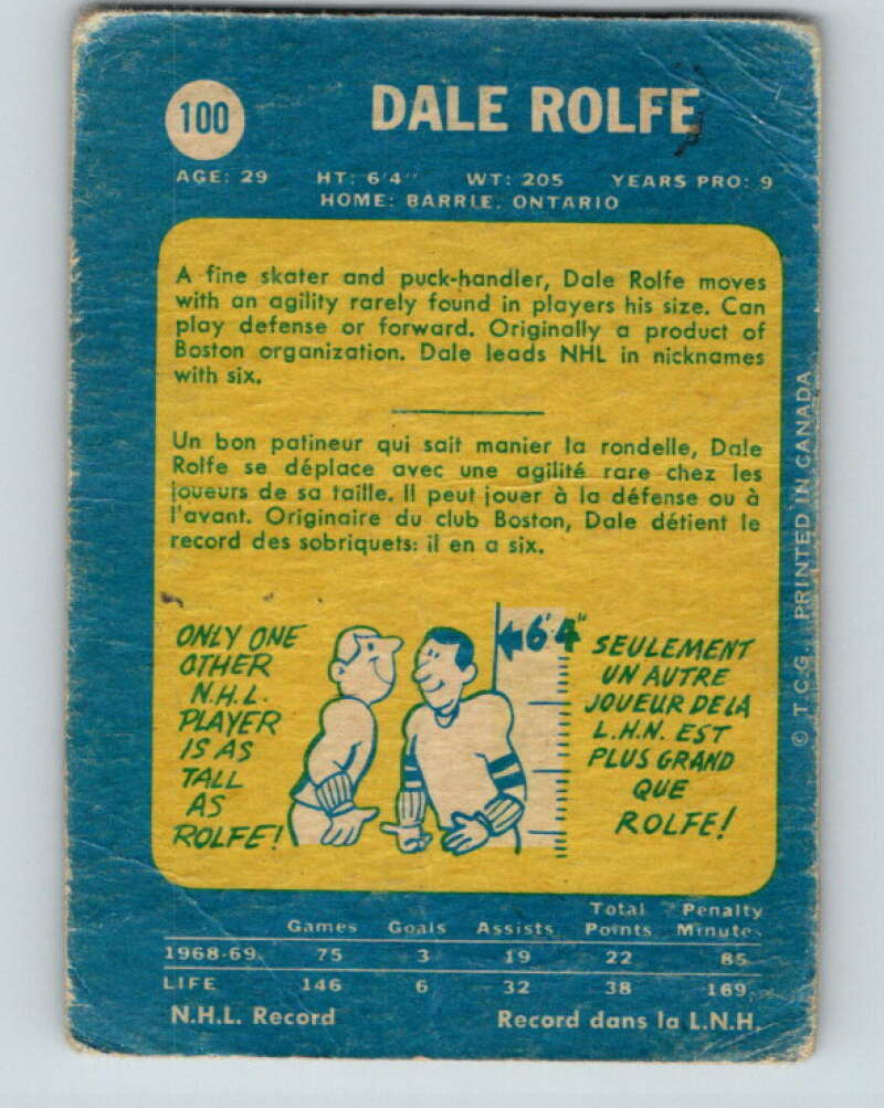 1969-70 O-Pee-Chee #100 Dale Rolfe Los Angeles Kings V1420
