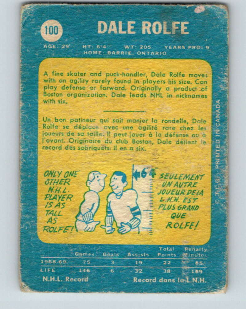 1969-70 O-Pee-Chee #100 Dale Rolfe Los Angeles Kings V1423