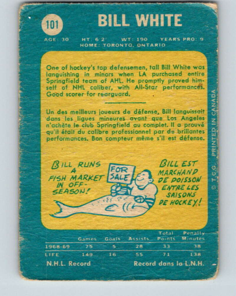 1969-70 O-Pee-Chee #101 Bill White Los Angeles Kings V1426