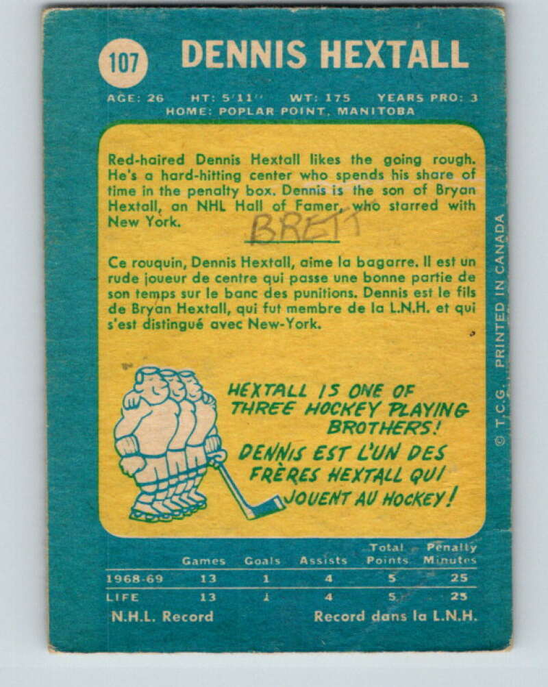 1969-70 O-Pee-Chee #107 Dennis Hextall RC Rookie Los Angeles Kings V1437