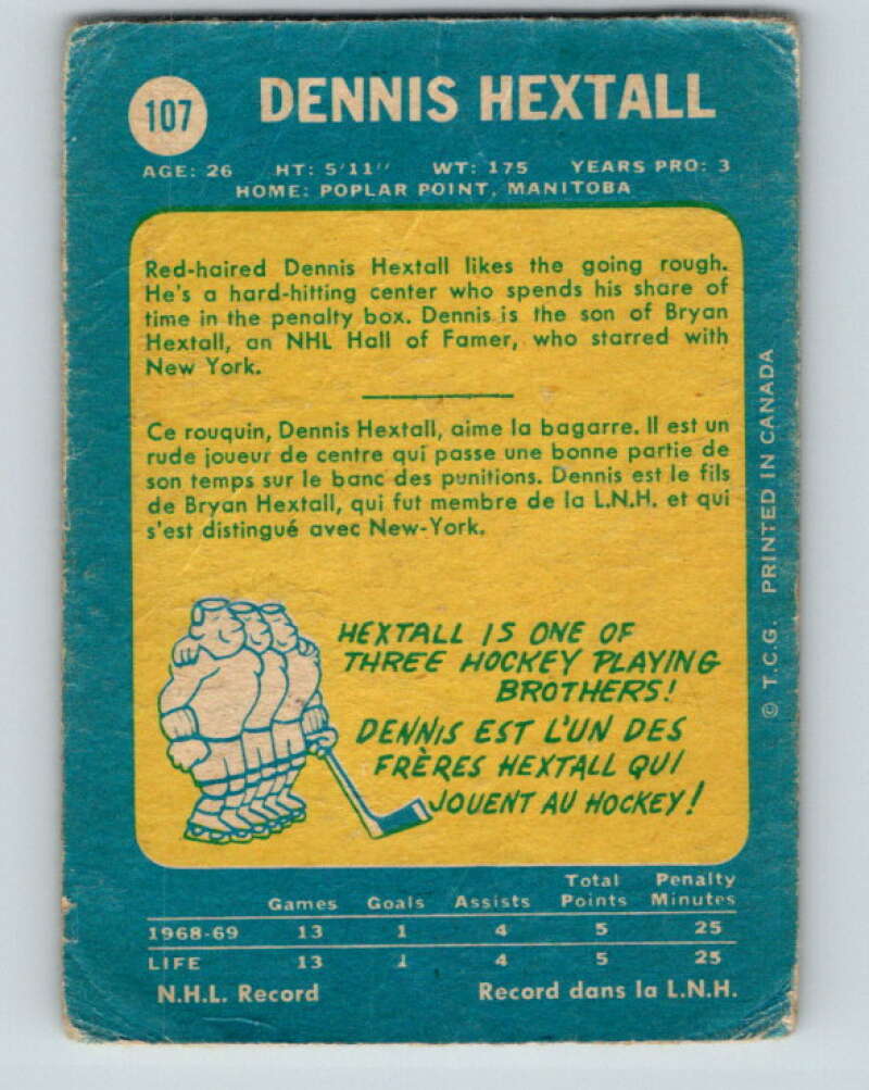 1969-70 O-Pee-Chee #107 Dennis Hextall RC Rookie Los Angeles Kings V1438