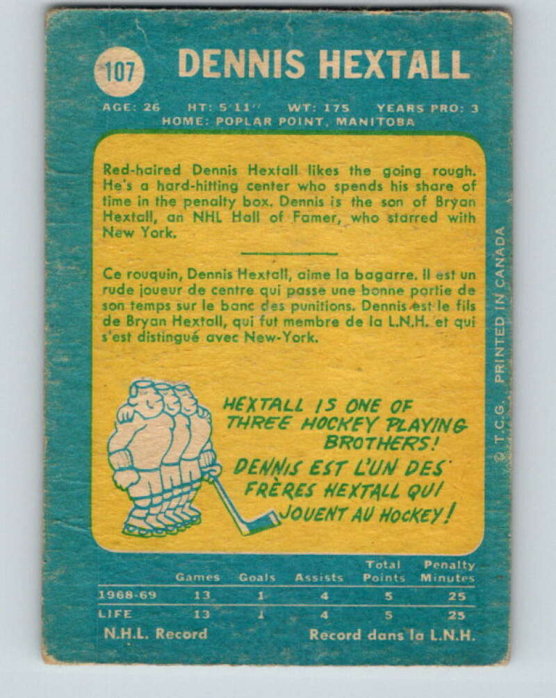 1969-70 O-Pee-Chee #107 Dennis Hextall RC Rookie Los Angeles Kings V1439