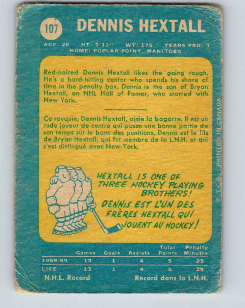 1969-70 O-Pee-Chee #107 Dennis Hextall RC Rookie Los Angeles Kings V1440